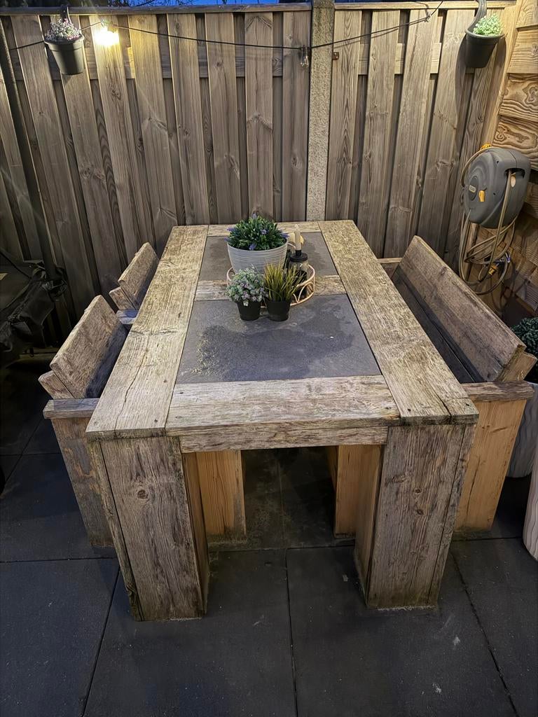 Houten tuinset met bank, Tuin en Terras, Tuinsets en Loungesets, Gebruikt, Tuinset, Hout, 4 zitplaatsen, Bank, Ophalen
