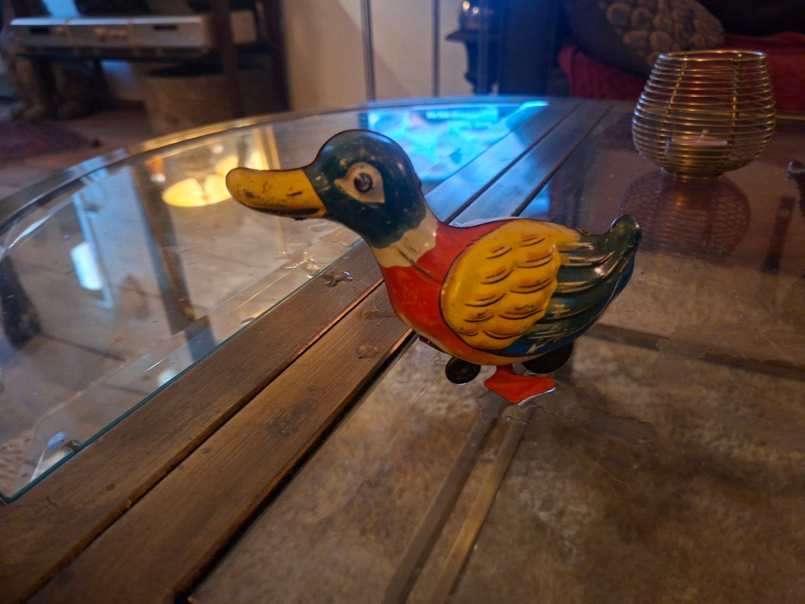 Vintage blikken eend op wielen - Decoratief speelgoed, Ophalen of Verzenden