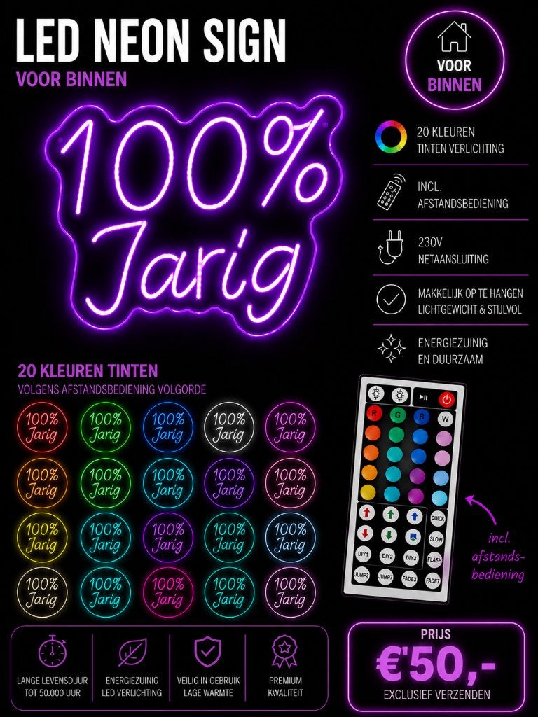 LED Neon Sign – 100% Jarig – 20 kleuren, Ophalen of Verzenden, Zo goed als nieuw, Overige typen, Verjaardag