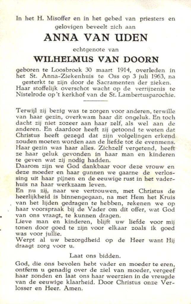 Uden van Anna Loosbroek 1914-1963 Oss/Nistelrode, Verzamelen, Bidprentjes en Rouwkaarten, Ophalen of Verzenden