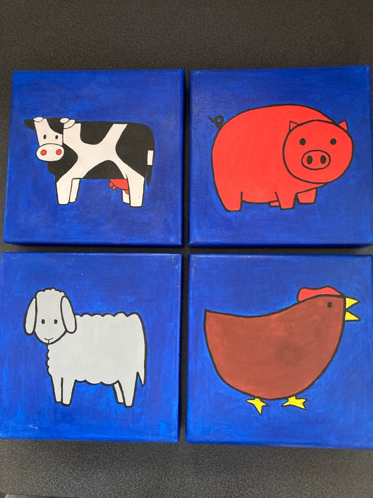 Set van 4 boerderijdieren schilderijen, 20x20 cm, Acrylverf, Handgeschilderd, Ophalen of Verzenden, Dieren