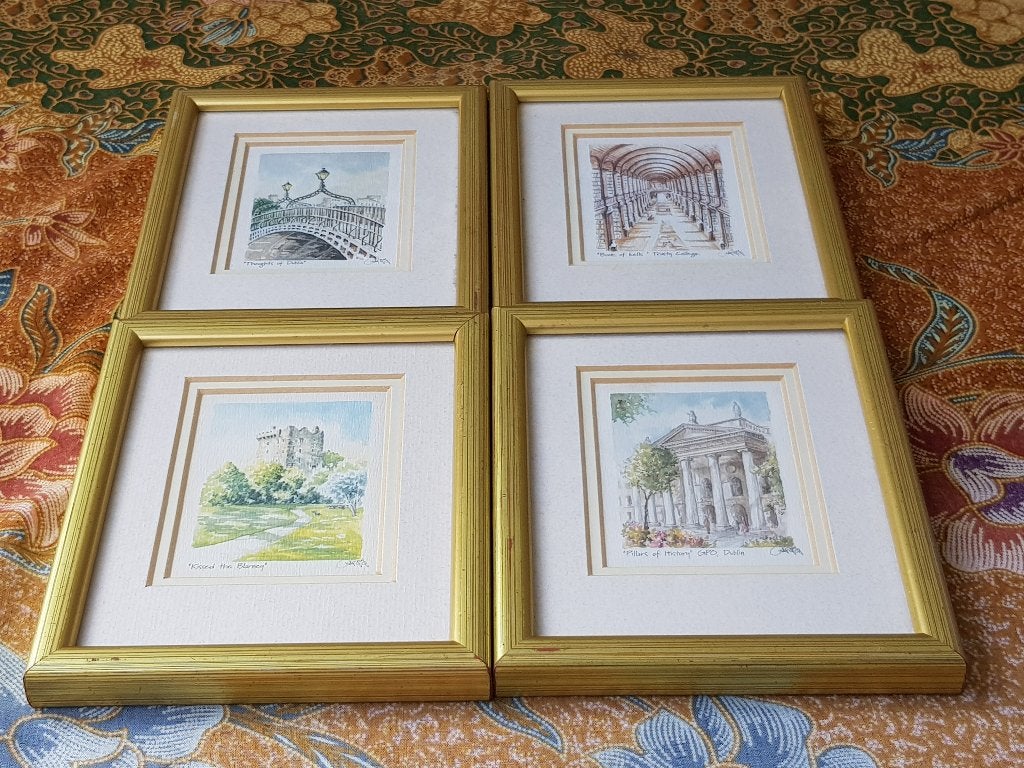 Vier mooie originele ingelijste vintage prenten uit Ierland., Ophalen of Verzenden