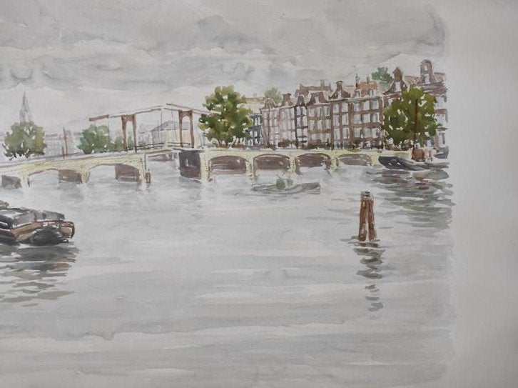 Stadsgezicht aan de amstel, aquarel, gesigneerd, Ophalen of Verzenden