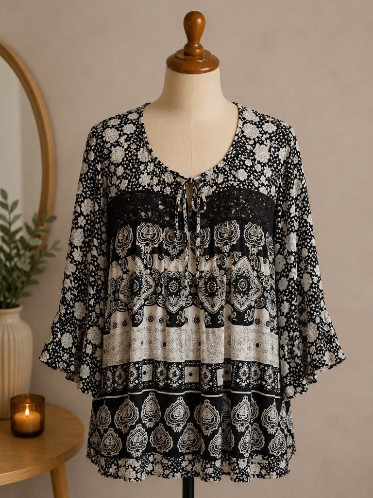 Dames boho tuniek/blouse zwart/wit maat 42/44 L ZGAN, Ophalen of Verzenden, Zo goed als nieuw, Maat 42/44 (L), Zwart