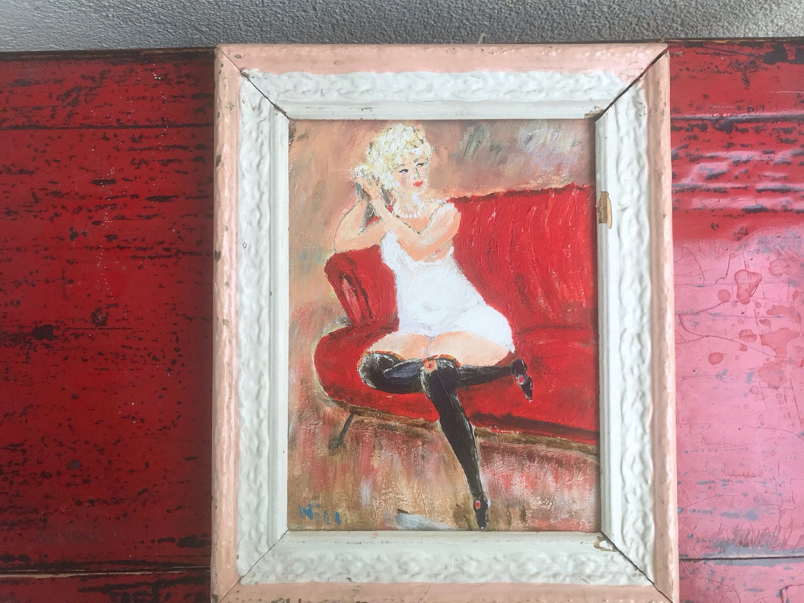 Vintage Schilderij: Dame op Rode Bank - Olieverf op Paneel, Ophalen, Paneel, Portret of Personen, Olieverf
