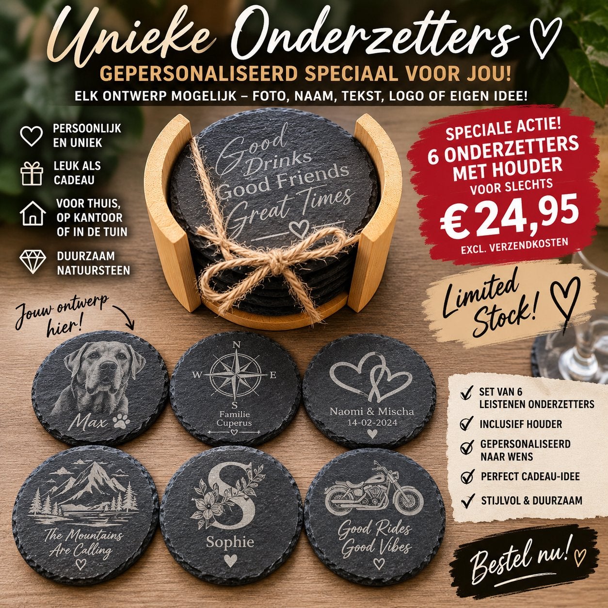 Speciale aanbieding. Leisteen onderzetters set van 6 +houder, Leukhoor, Verzenden, Steen/keramiek, Glasonderzetter