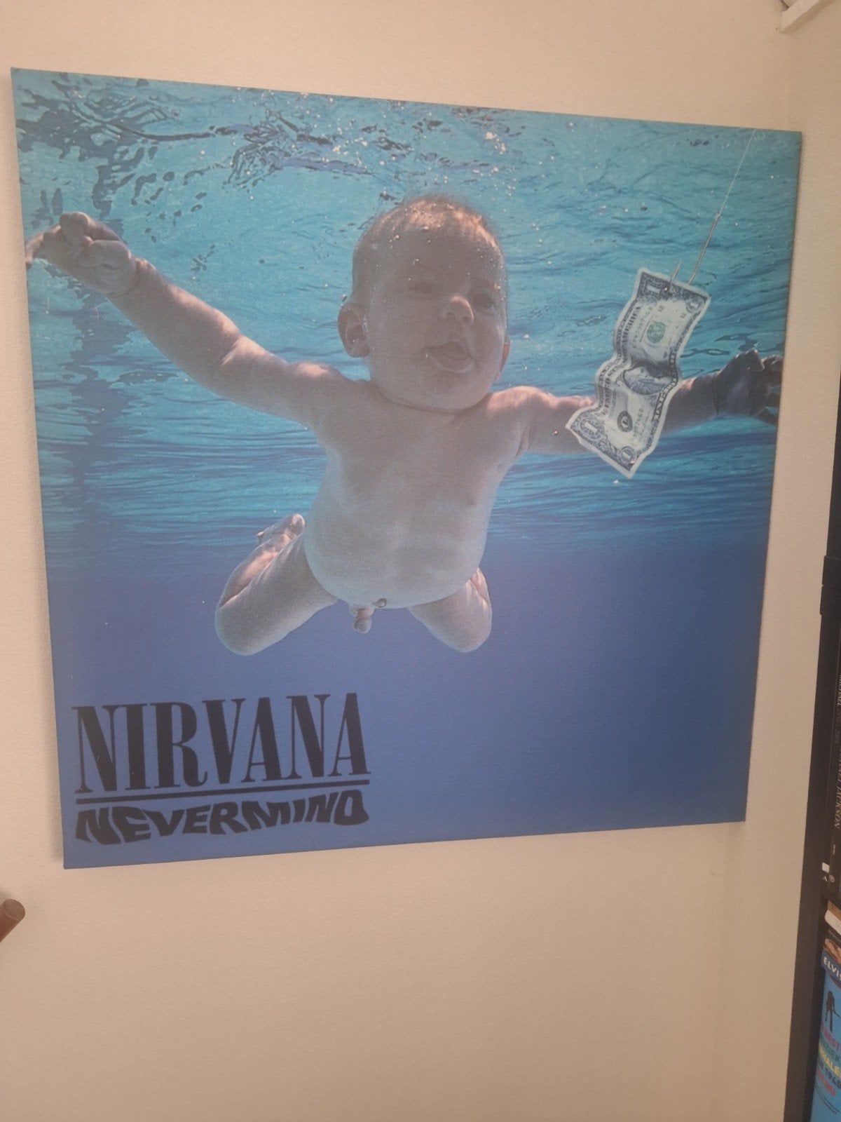 Nirvana nevermind promo canvas 1meter x 1 meter, Ophalen, Zo goed als nieuw, Poster, Artwork of Schilderij