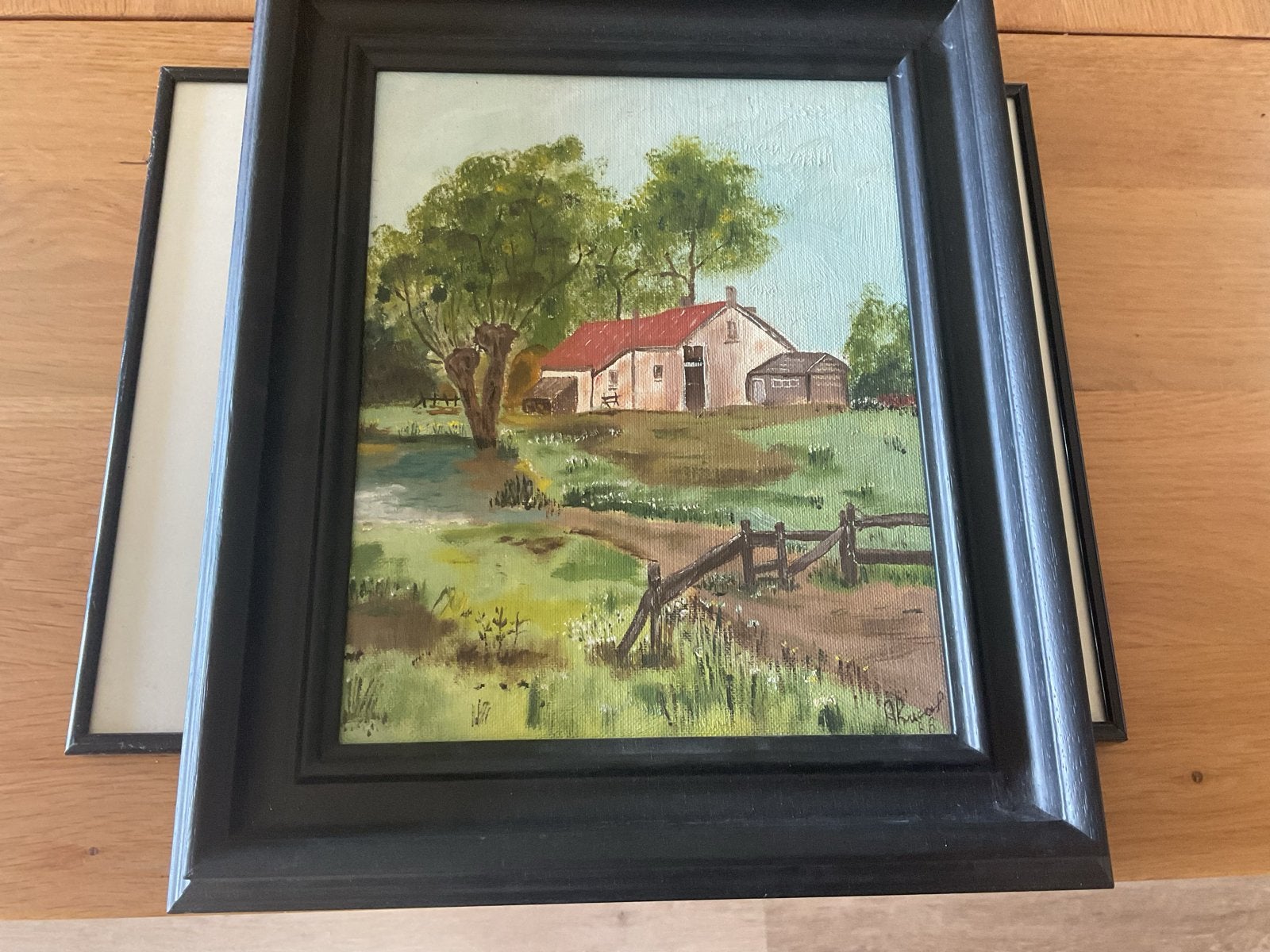 Schilderij Landschap met boerderij en water, Doek, Realistisch, Ophalen of Verzenden, Landschap