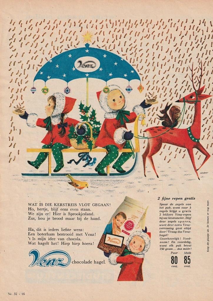 Retro reclame 1964 Venz hagelslag Kerstmis arreslee sneeuw, Verzamelen, Retro, Verzenden, Overige typen