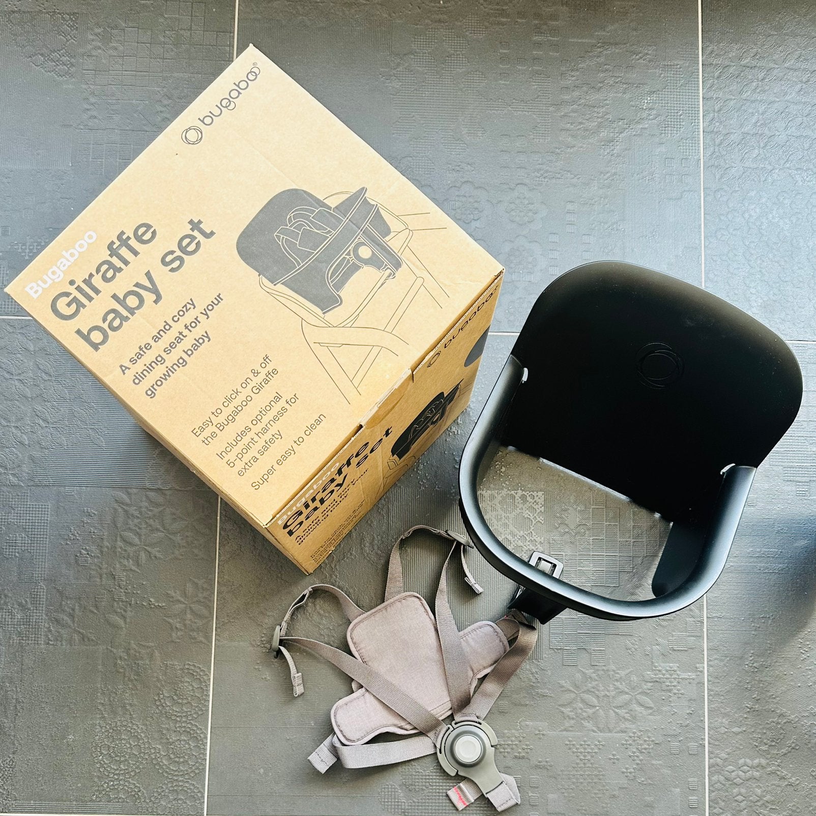Bugaboo giraffe babyset, kussenset en eetblad, Ophalen of Verzenden, Gebruikt, Meegroeistoel, Aanschuifbaar