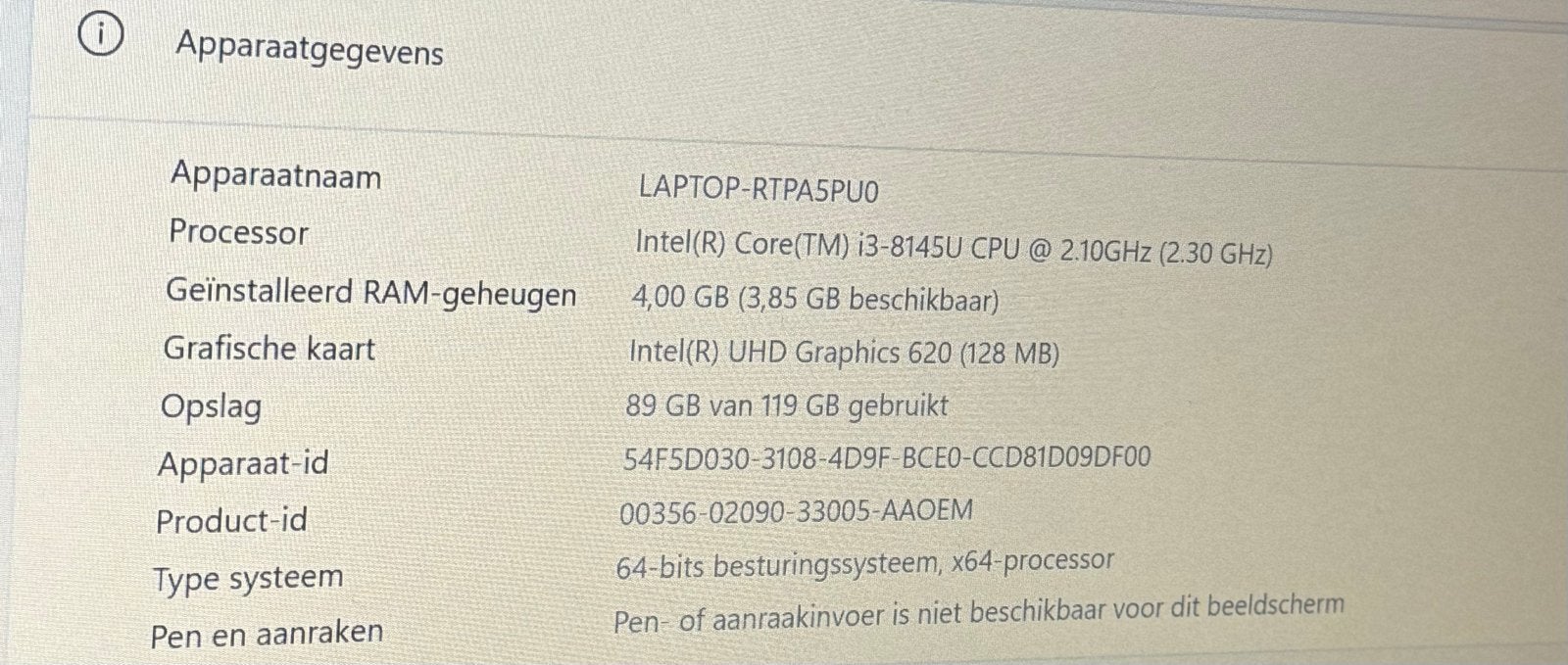 Acer Laptop - Intel i3-8145U, 4GB RAM, 119GB SSD, Ophalen, Gebruikt, Met videokaart, 2 tot 3 Ghz