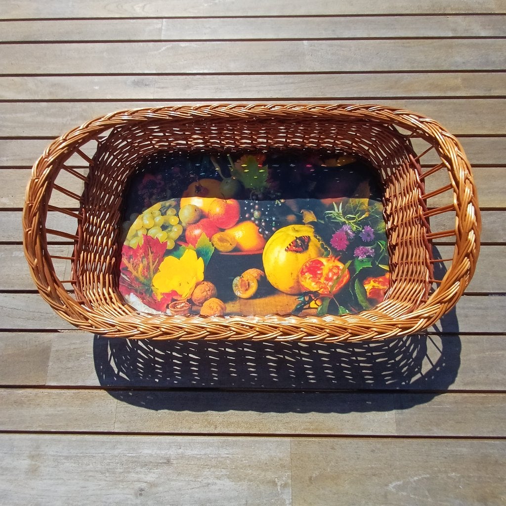 Mooi groot rieten dienblad met fruitopdruk, Gebruikt, Natuurlijk materiaal, Onbekend, Afneembaar