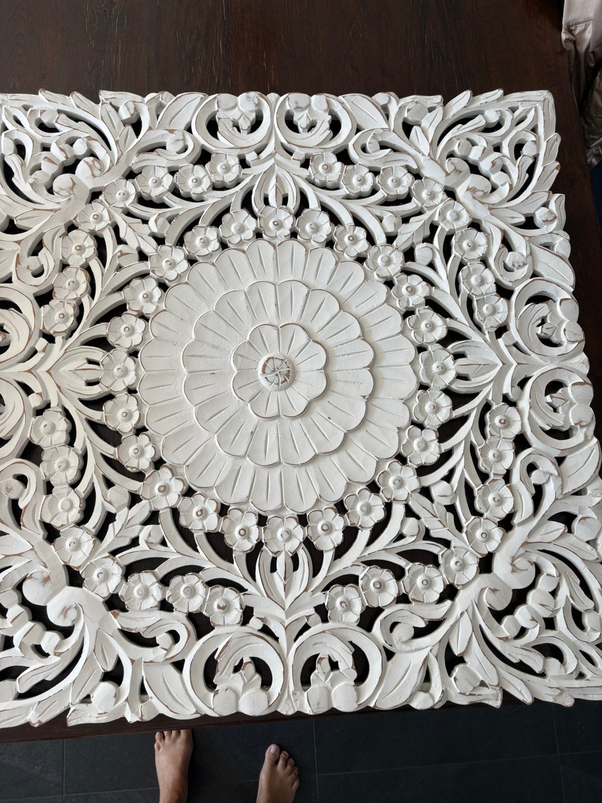 Prachtig handgesneden houten wandpaneel / mandala White Wash, Huis en Inrichting, Woonaccessoires | Wanddecoraties, Ophalen of Verzenden