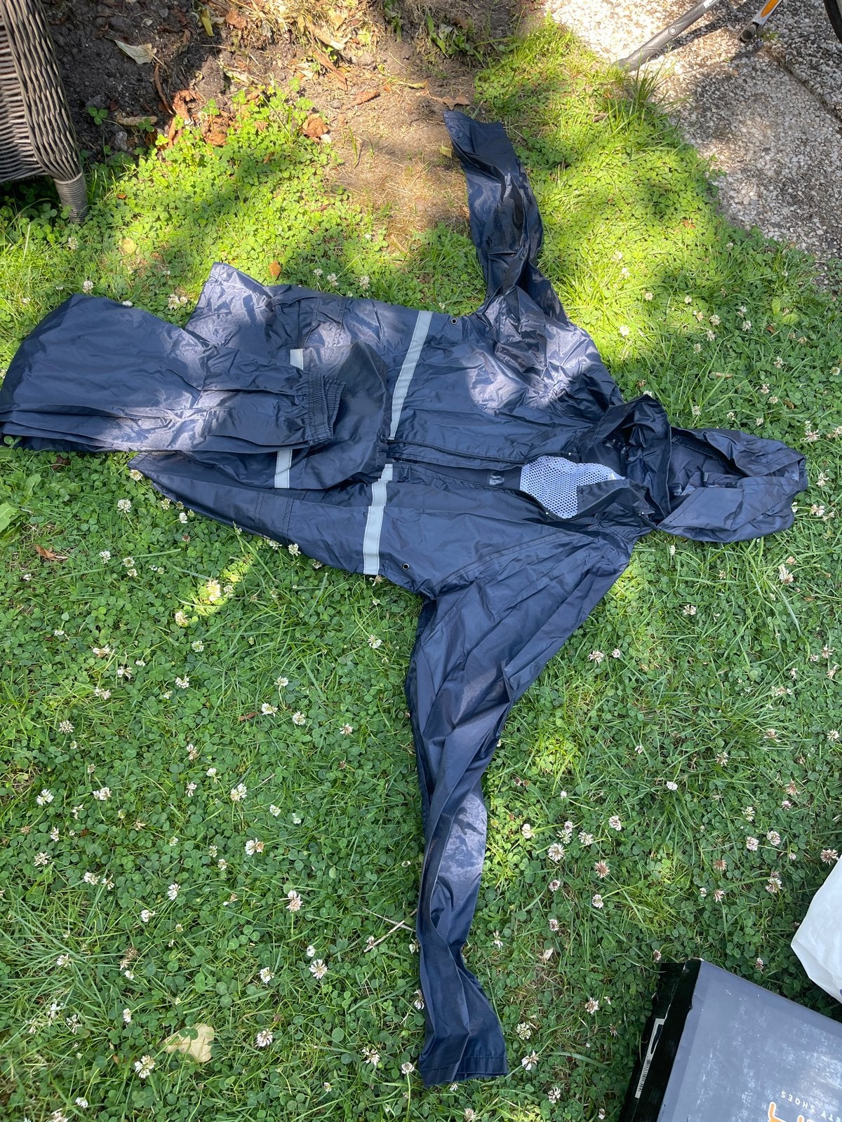 Donkerblauw regenpak met reflecterende strepen, Ophalen of Verzenden, Gebruikt, Regenpak, Heren