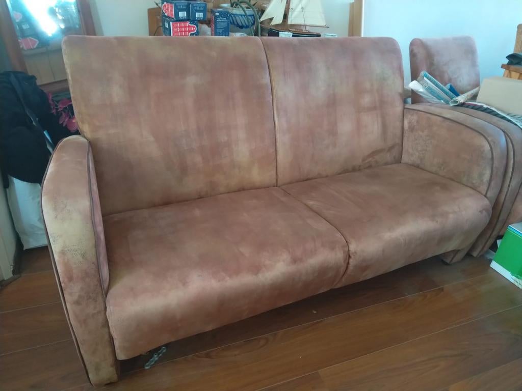 Bruine bank met 2 fauteuils en bijhorend voet ondersteuner, Ophalen, Gebruikt, 75 tot 100 cm