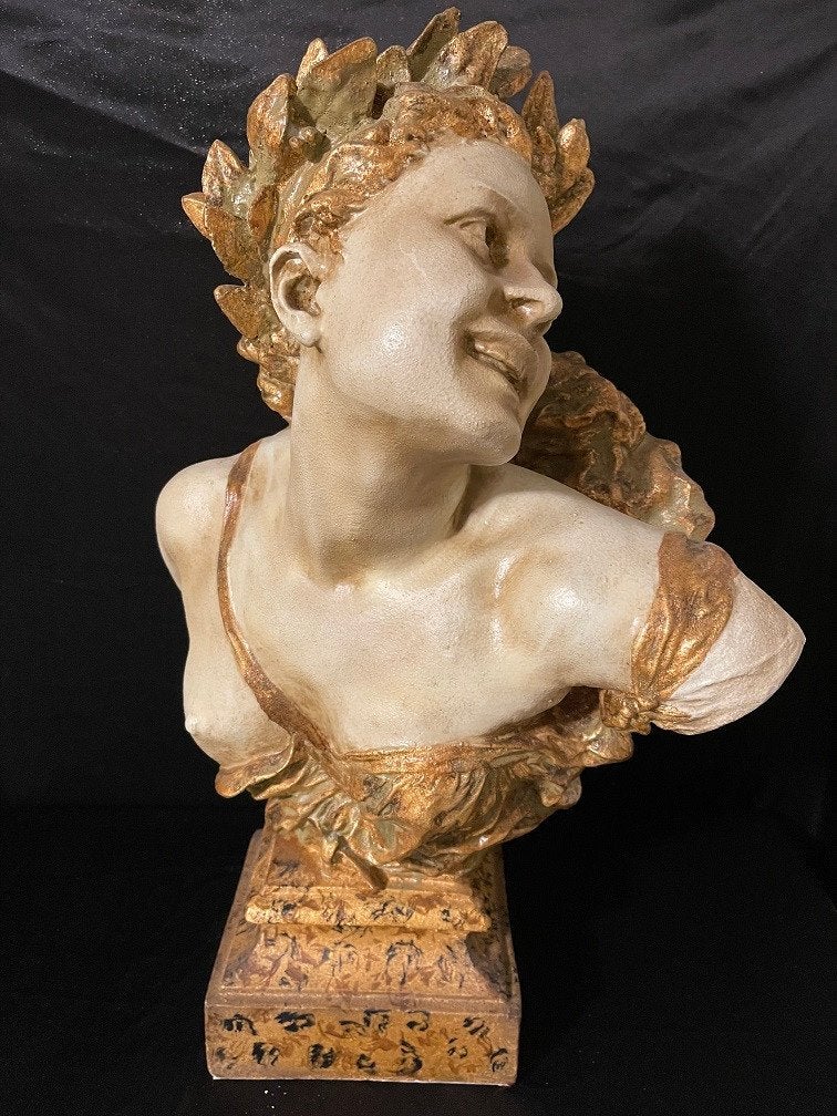 Buste van Jean Baptiste Carpeaux : Bacchante aux lauriers, Antiek en Kunst, Kunst | Beelden en Houtsnijwerken, Buste, Gepatineerd