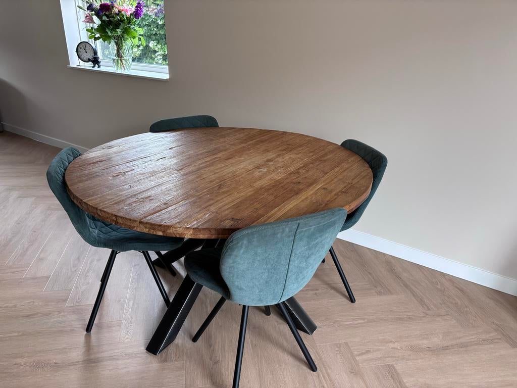 Mooie ronde mangohouten eettafel + 4 stoelen, Huis en Inrichting, Tafels | Eettafels, Ophalen, 100 tot 150 cm, Rond, Zo goed als nieuw