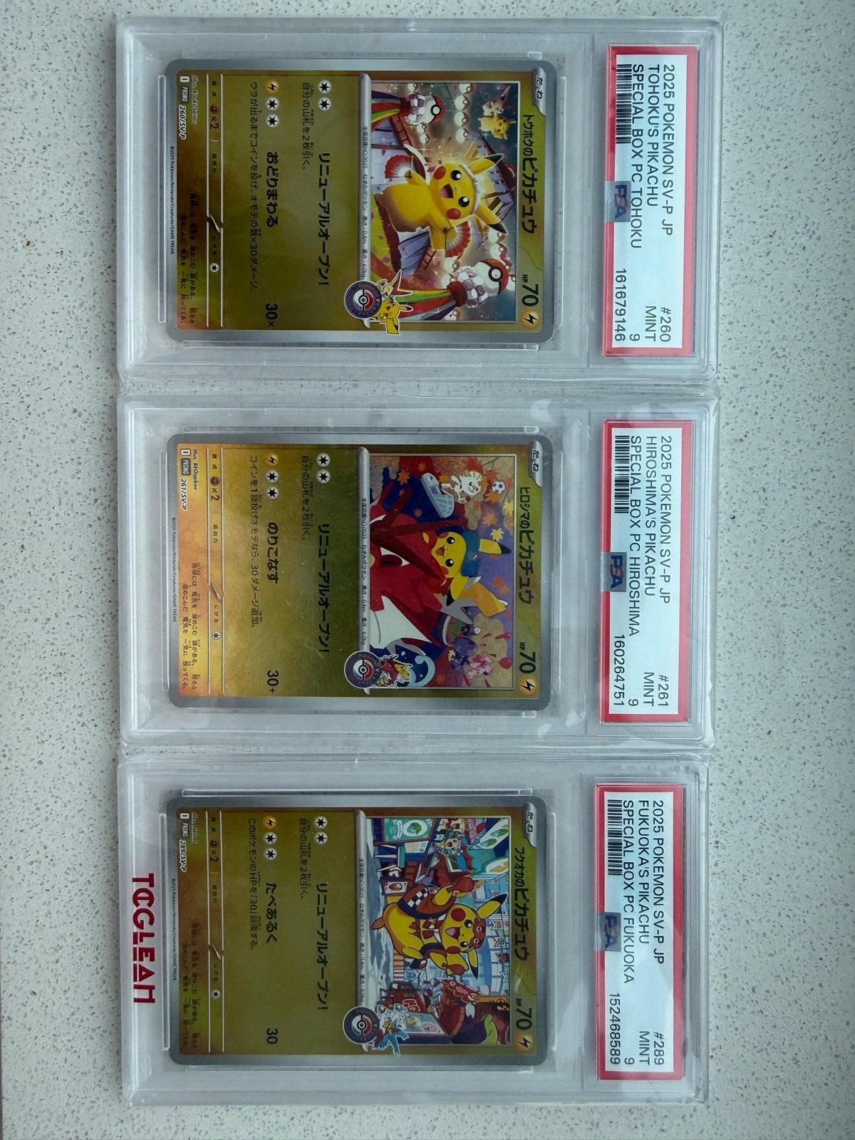 3x PSA 9 Pikachu Promos (Tohoku, Hiroshima, Fukuoka), Ophalen of Verzenden, Zo goed als nieuw, Meerdere kaarten