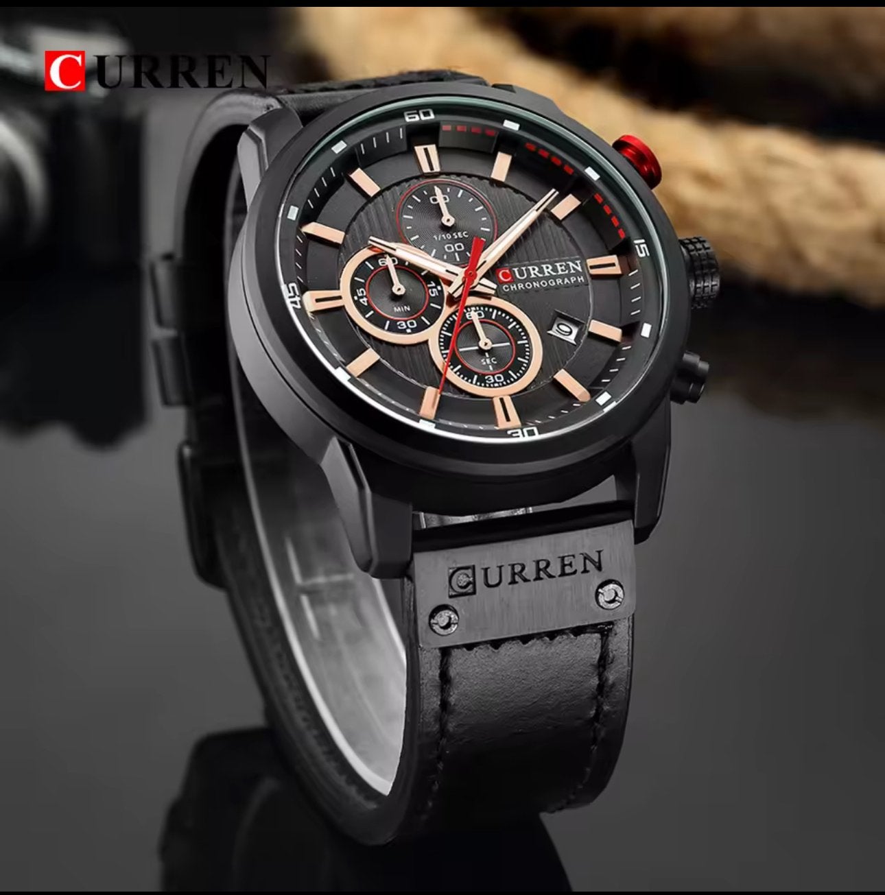 Curren Chronograaf Herenhorloge - Zwart met Roségoud, Sieraden, Tassen en Uiterlijk, Horloges | Heren, Overige merken, Overige materialen