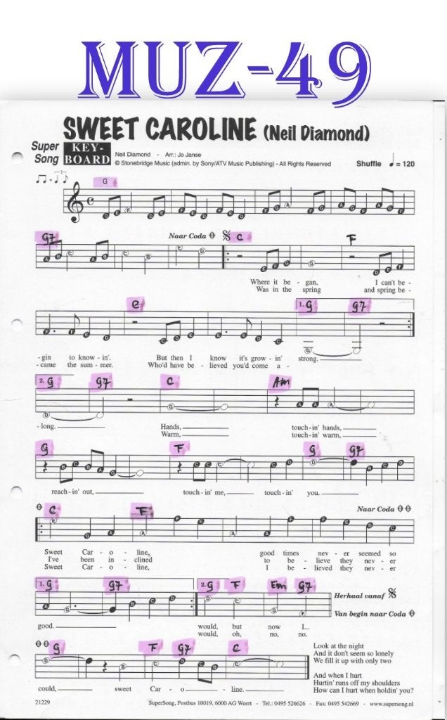 Muz49 bladmuziek super song - Sweet Caroline Neil Diamond, Gebruikt, Piano, Ophalen of Verzenden, Artiest of Componist