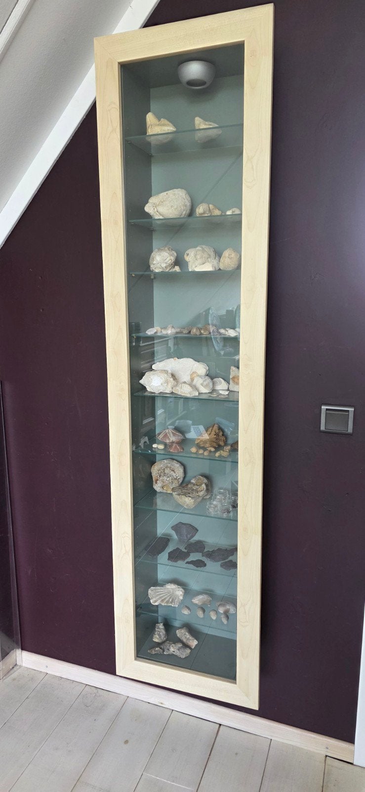 Glazen vitrinekast met houten frame en verlichting, Ophalen, Minder dan 50 cm, Glas, Minder dan 25 cm