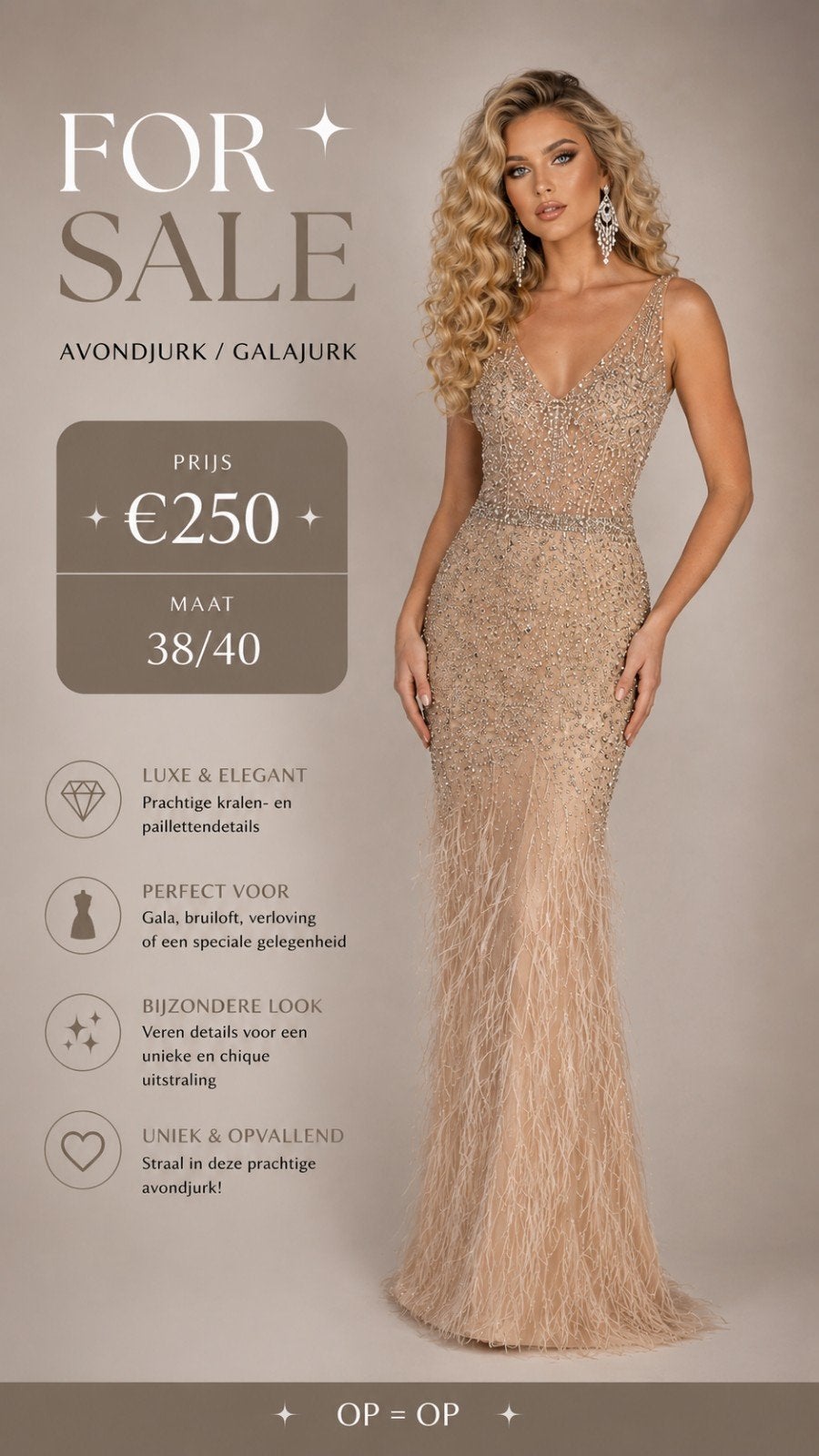 Luxe Avondjurk / Galajurk met Kralen en Pailletten, Maat 38/40 (M), Galajurk, Beige, Ophalen of Verzenden