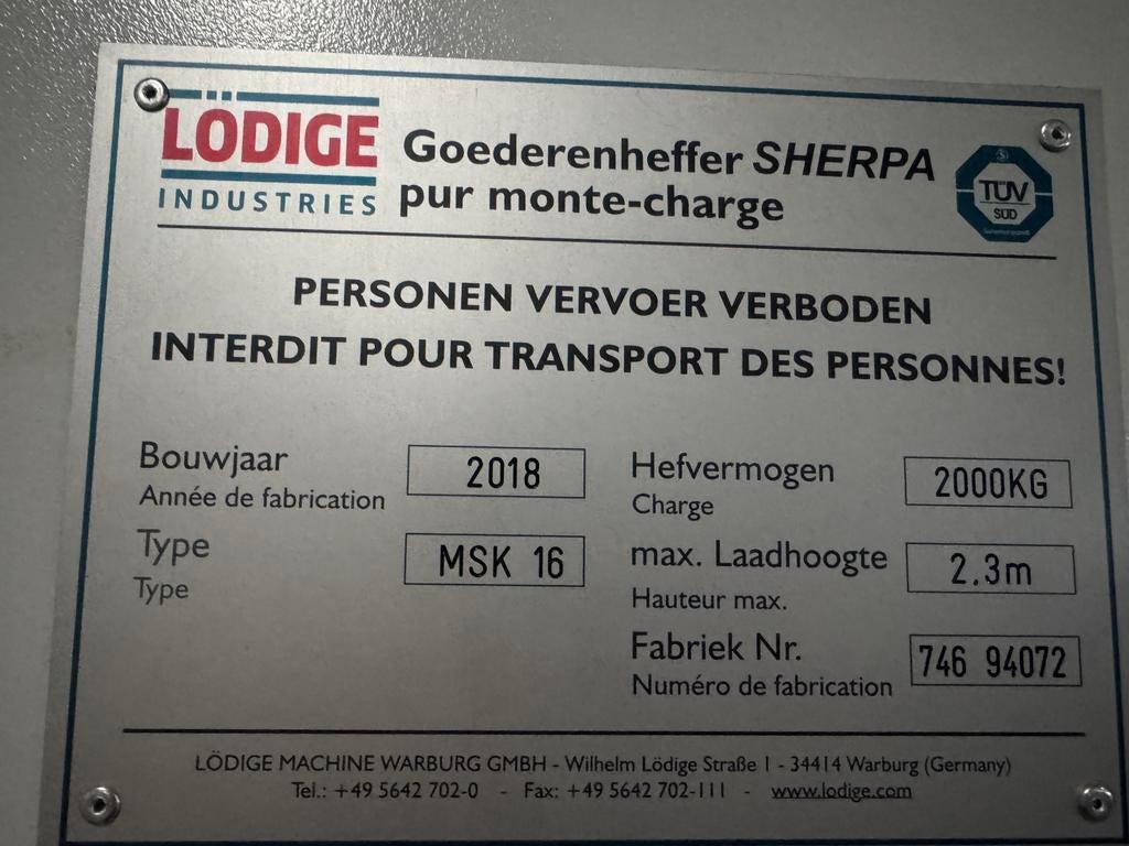 Goederen lift 2000kg bouwjaar 2018 !