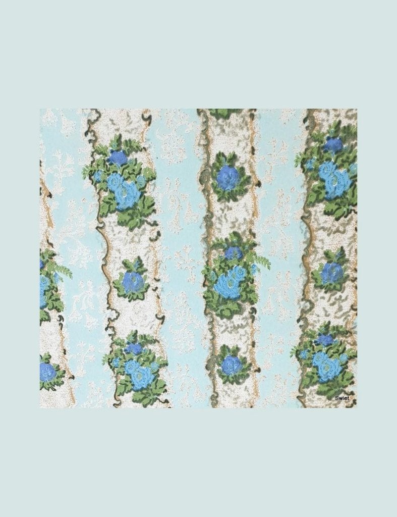 3902 blauw vintage behang streep bloemen retro 60s 70s swiet, Huis en Inrichting, Stoffering | Behang, Verzenden, Blauw