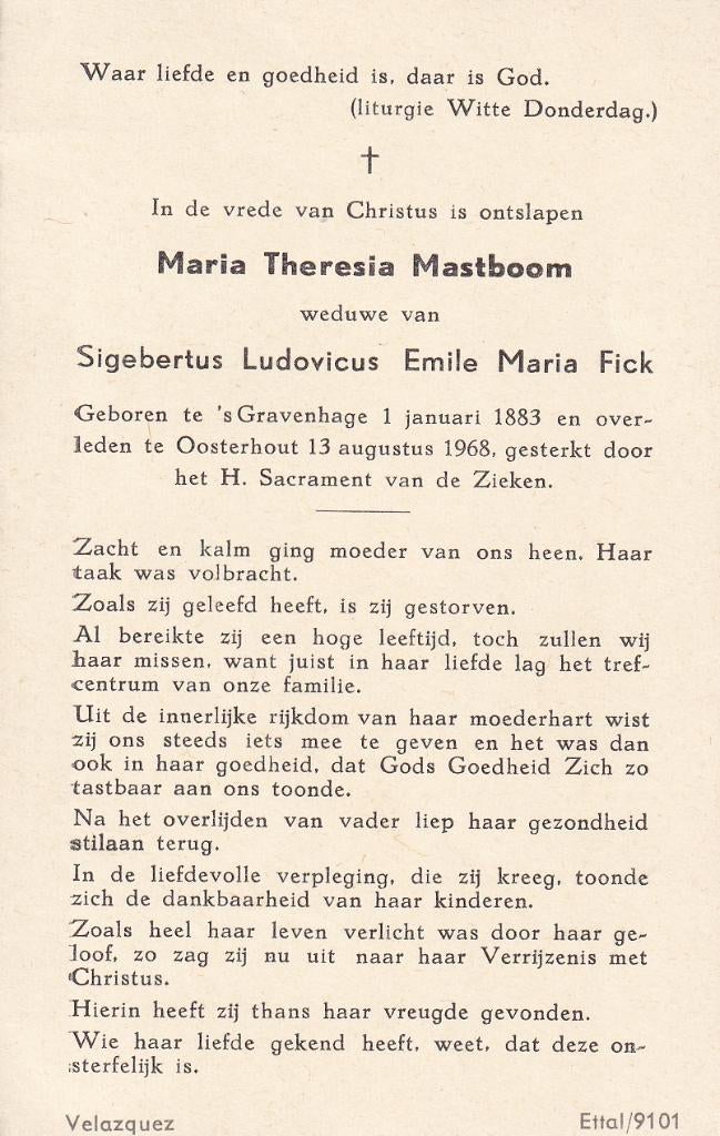 Mastboom Maria 1883 Den Haag 1968 Oosterhout, Ophalen of Verzenden, Bidprentje