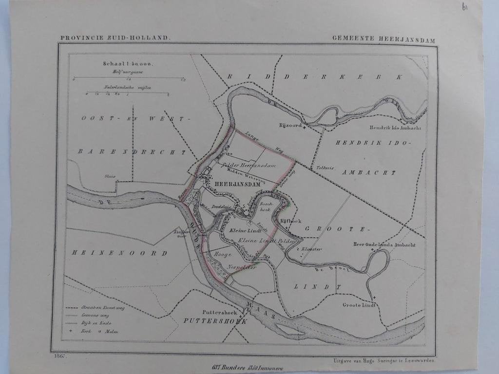 61 / Heerjansdam Puttershoek Kijfhoek Litho uit 1867 Kuyper, Ophalen of Verzenden