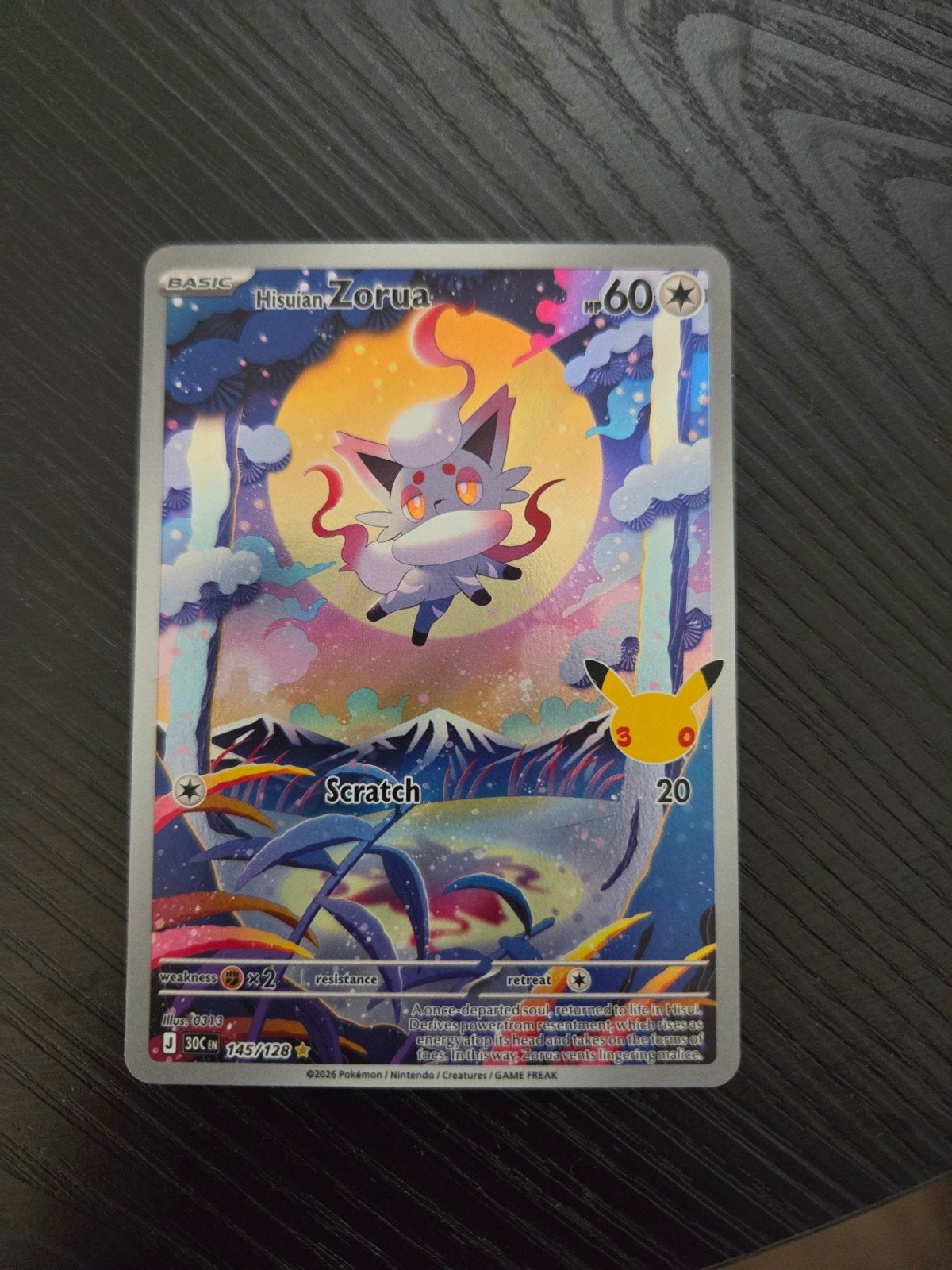 Hisuian Zorua Pokémon Kaart 145/128 Celebrations, Ophalen of Verzenden, Zo goed als nieuw, Losse kaart, Foil