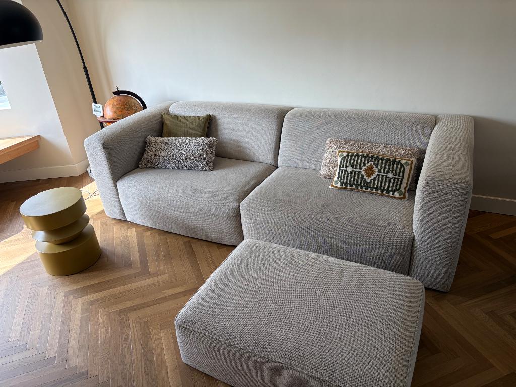 Moderne design 3-zits bank met hocker – goede staat, Ophalen, Japandi, Driepersoons, 75 tot 100 cm