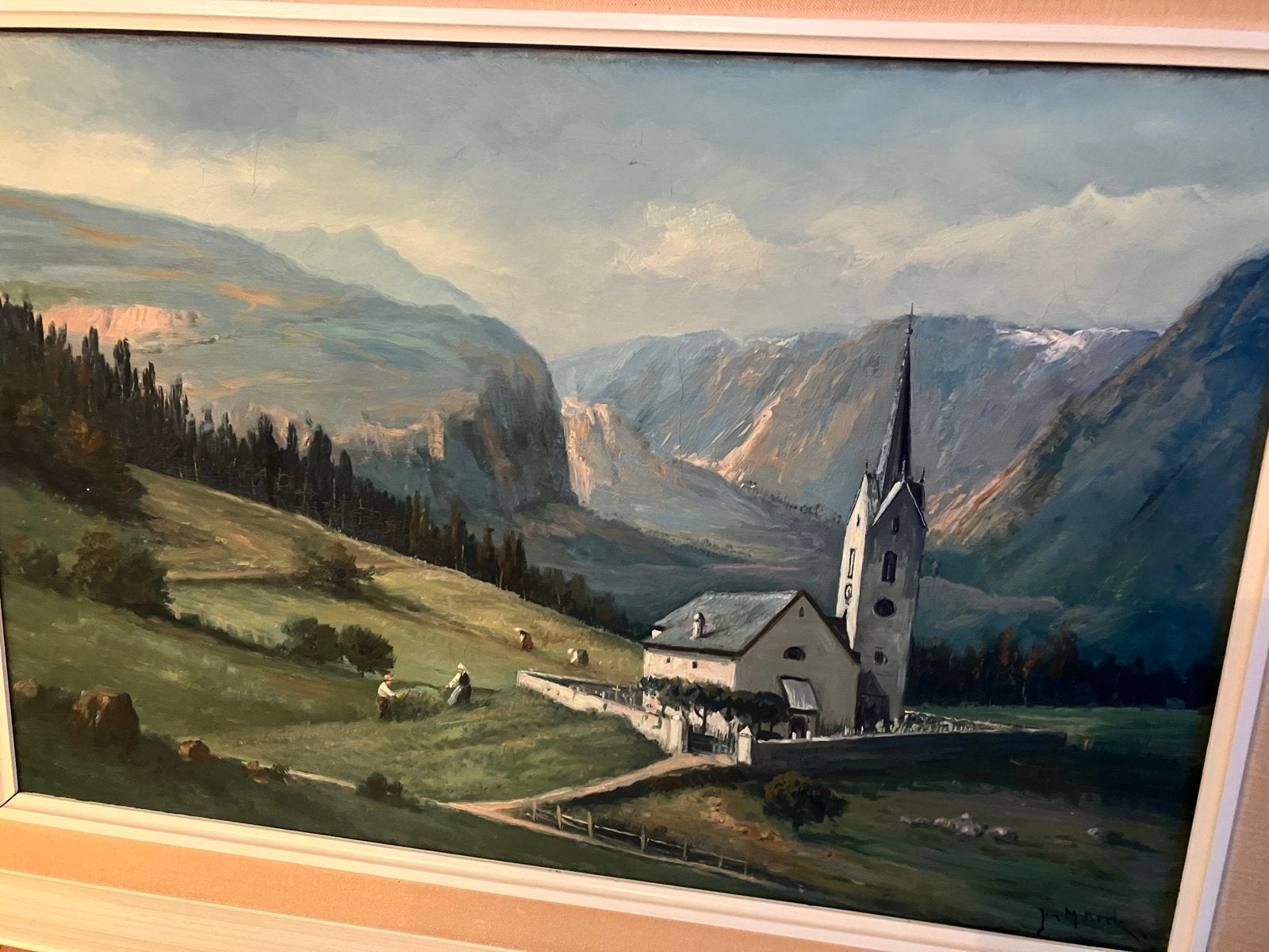 Olieverfschilderij Alpenlandschap met kerk en boeren, Doek, Realistisch, Ophalen of Verzenden, Gesigneerd