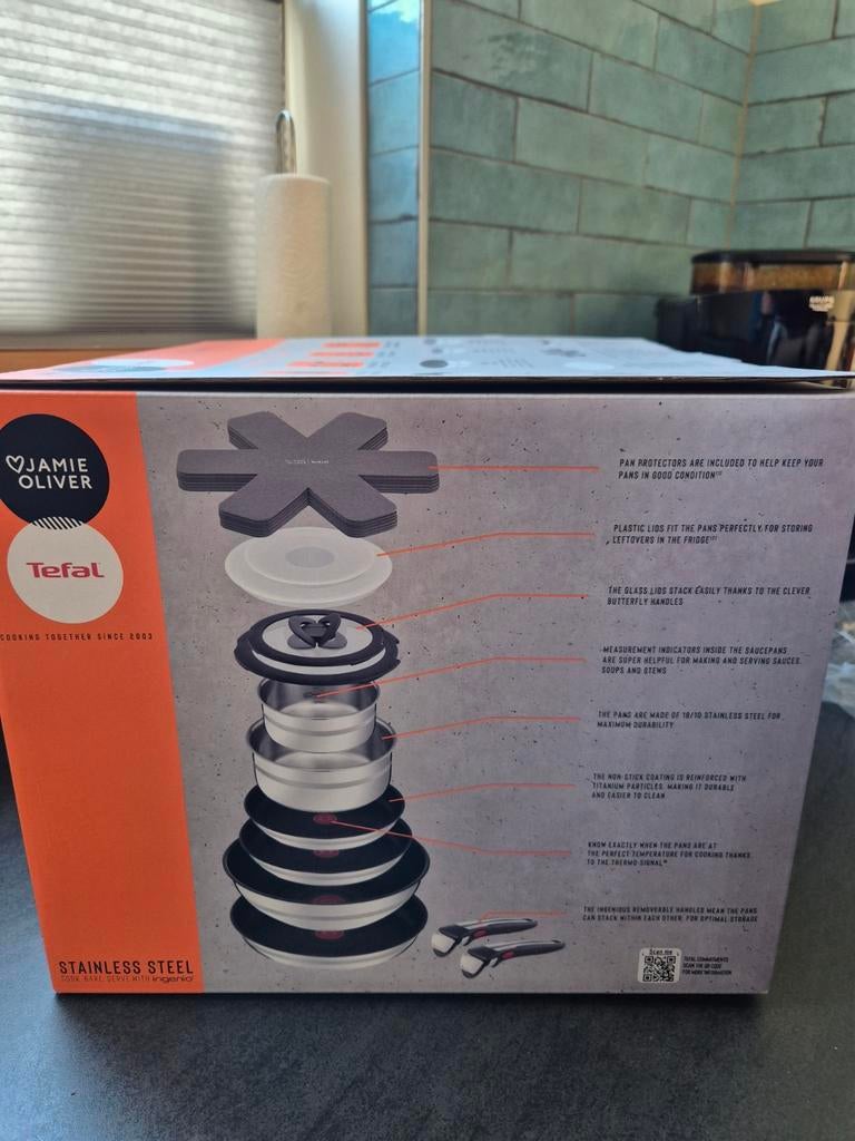Nieuwe 18-delige Tefal Jamie Oliver pannenset RVS, Huis en Inrichting, Ophalen of Verzenden, Nieuw, Rvs, Pannenset