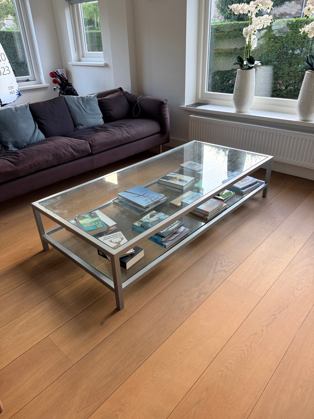 Glazen salontafel met metalen frame - 170x80x36 cm, Ophalen, Gebruikt, 50 tot 100 cm, Glas