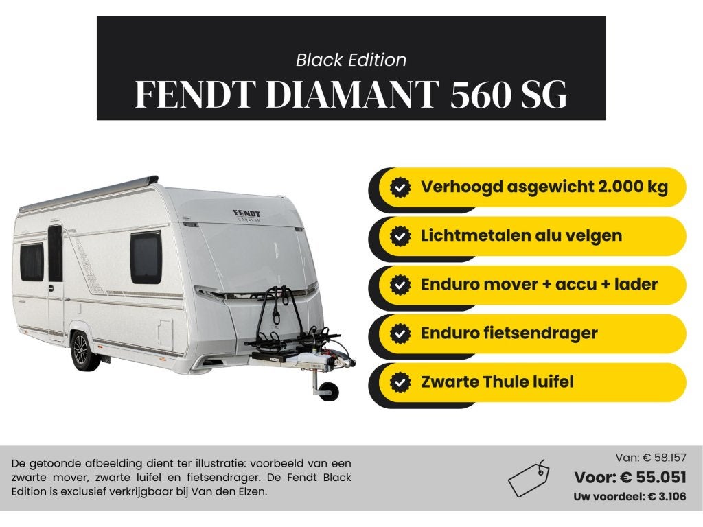 Fendt Diamant 560 SG Black Edition actiepakket, Caravans en Kamperen, Caravans, Rondzit, Schokbreker, Bedrijf, Overige typen