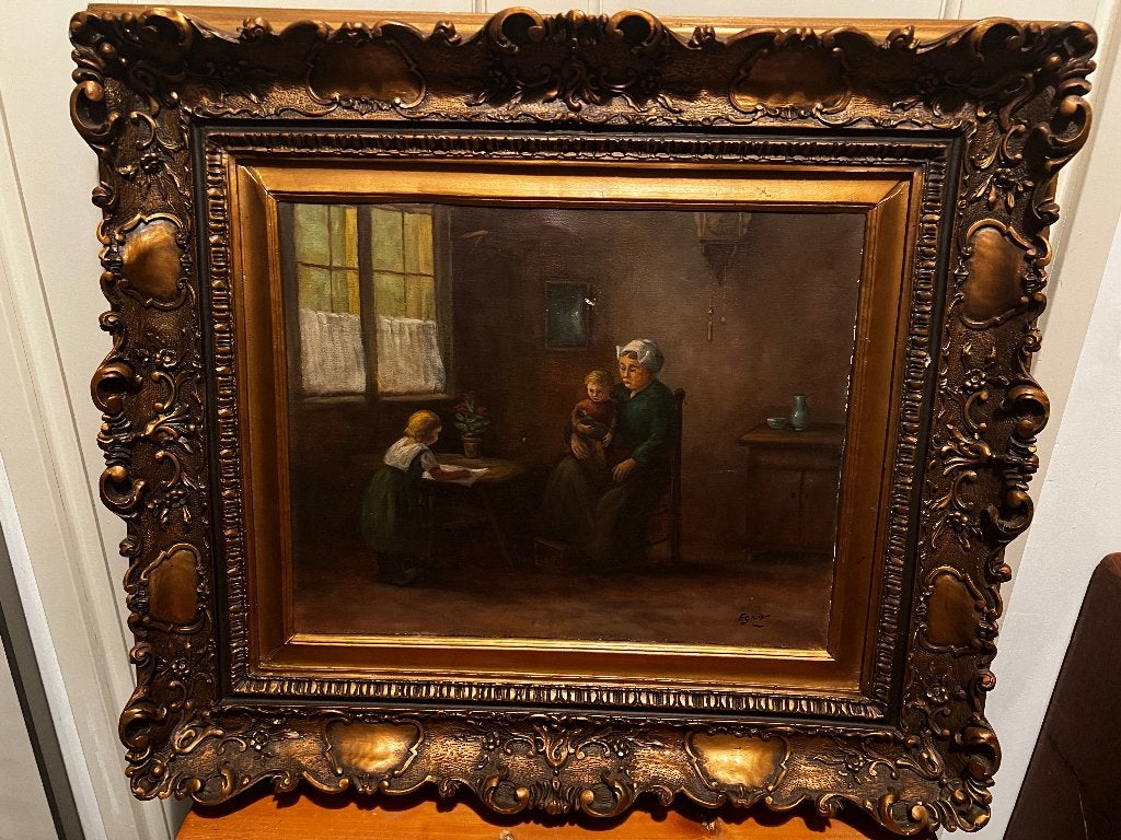 Olieverf Schilderij "Huiselijk Tafereel" van Egnar,, Doek, Ophalen of Verzenden, Olieverf, Klassiek