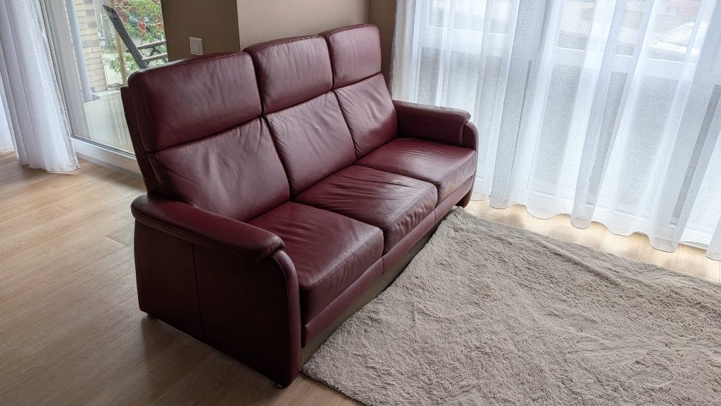 Bordeauxrode leren 3-zitsbank, 200x85 cm, Ophalen, Bordeauxrood Leer, Gebruikt, 150 tot 200 cm