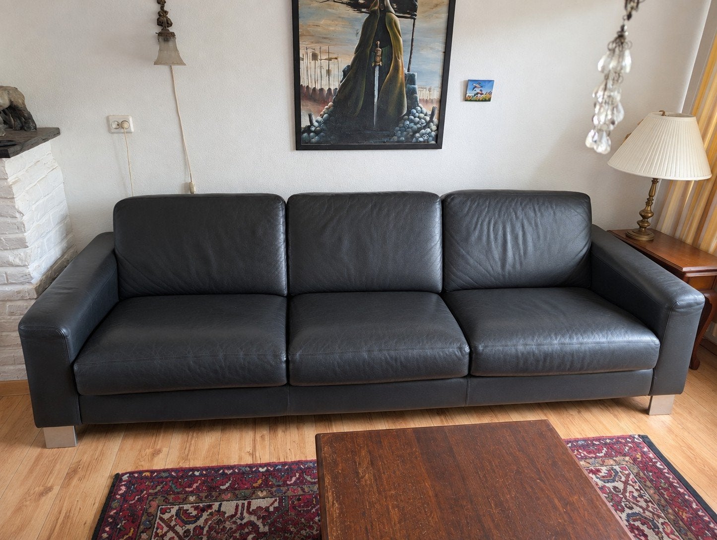 Comfortabele 3-zits leren bank - zwart, Huis en Inrichting, Ophalen, Gebruikt, Driepersoons, Rechte bank