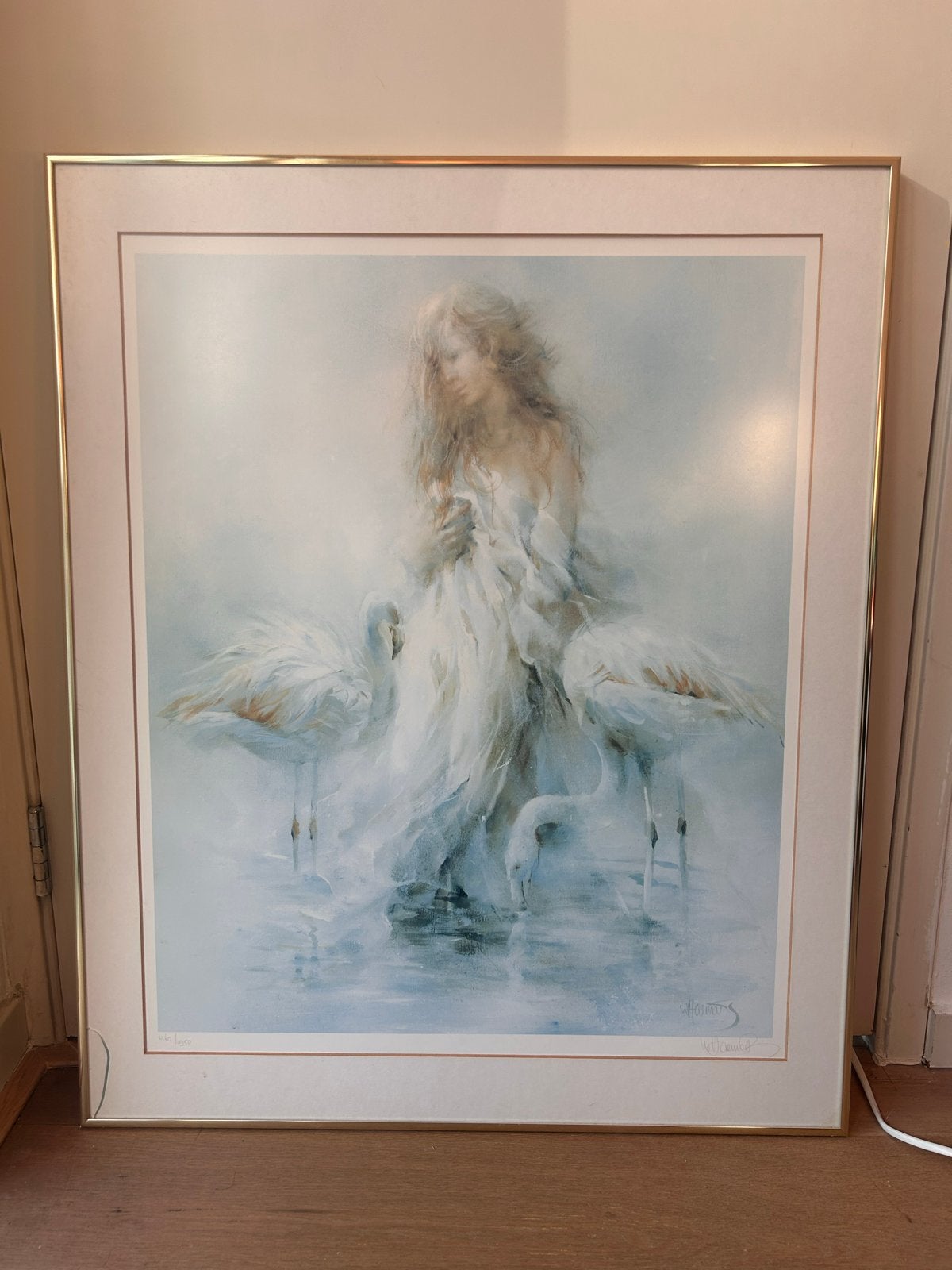 Prachtige ingelijste print van een vrouw met flamingo's, Antiek en Kunst, Kunst | Schilderijen | Klassiek, Achter glas, Portret of Personen