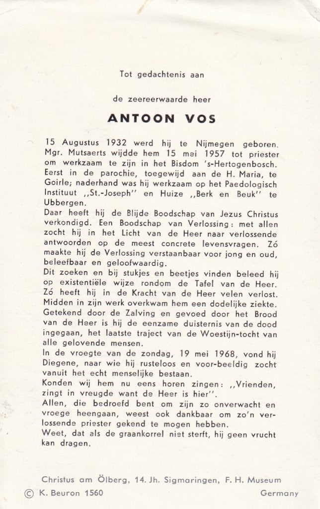Vos Antoon 1932 Nijmegen 1968   priester, Verzamelen, Bidprentjes en Rouwkaarten, Ophalen of Verzenden, Bidprentje