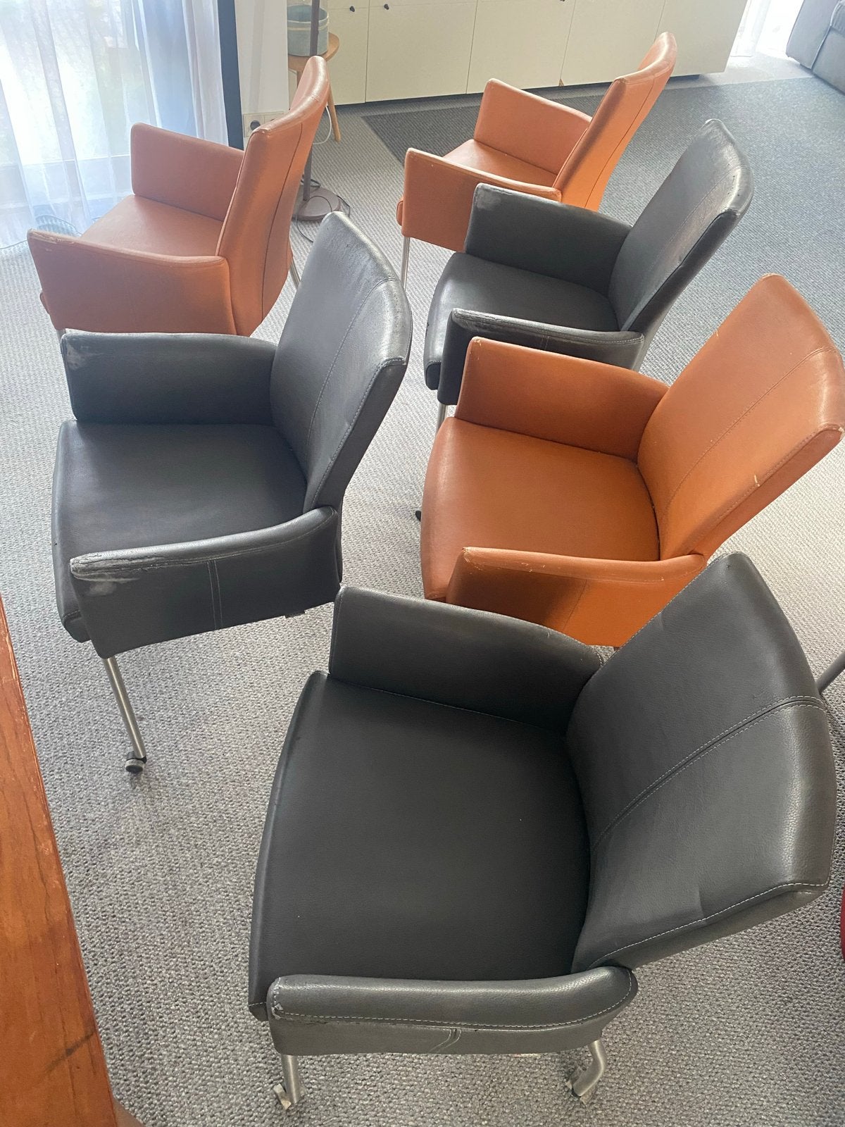6 Eetkamerstoelen - Oranje & Antraciet, Ophalen, Gebruikt, Overige kleuren, Vijf, Zes of meer stoelen