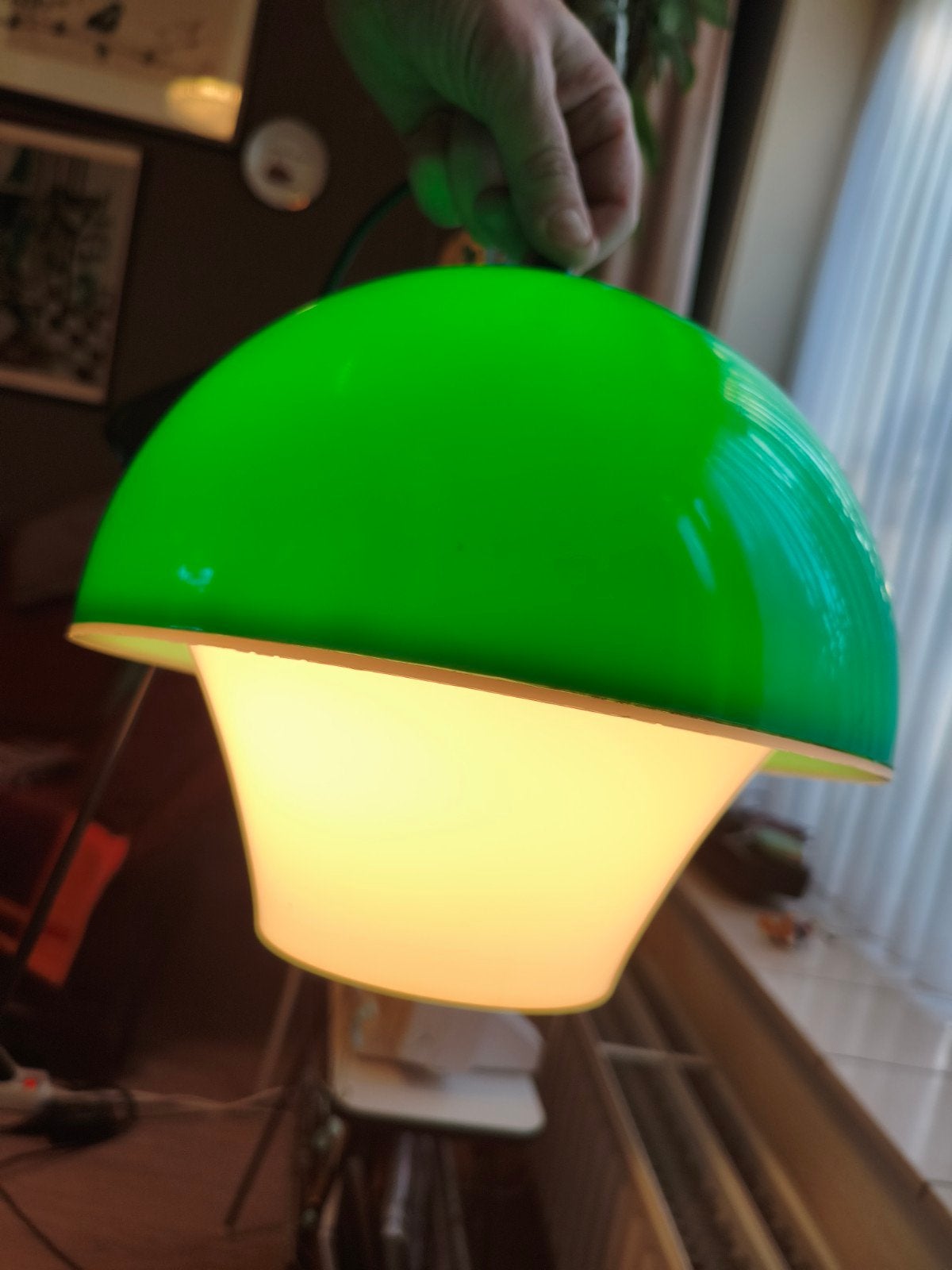 vintage Massive space age mushroom hanglamp groen jaren 70, Kunststof, Gebruikt, Space age, E27 (groot)