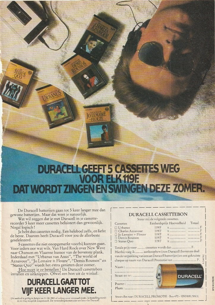 retro reclame 1983 Duracell actie muziek cassettebandjes, Verzenden, Overige typen