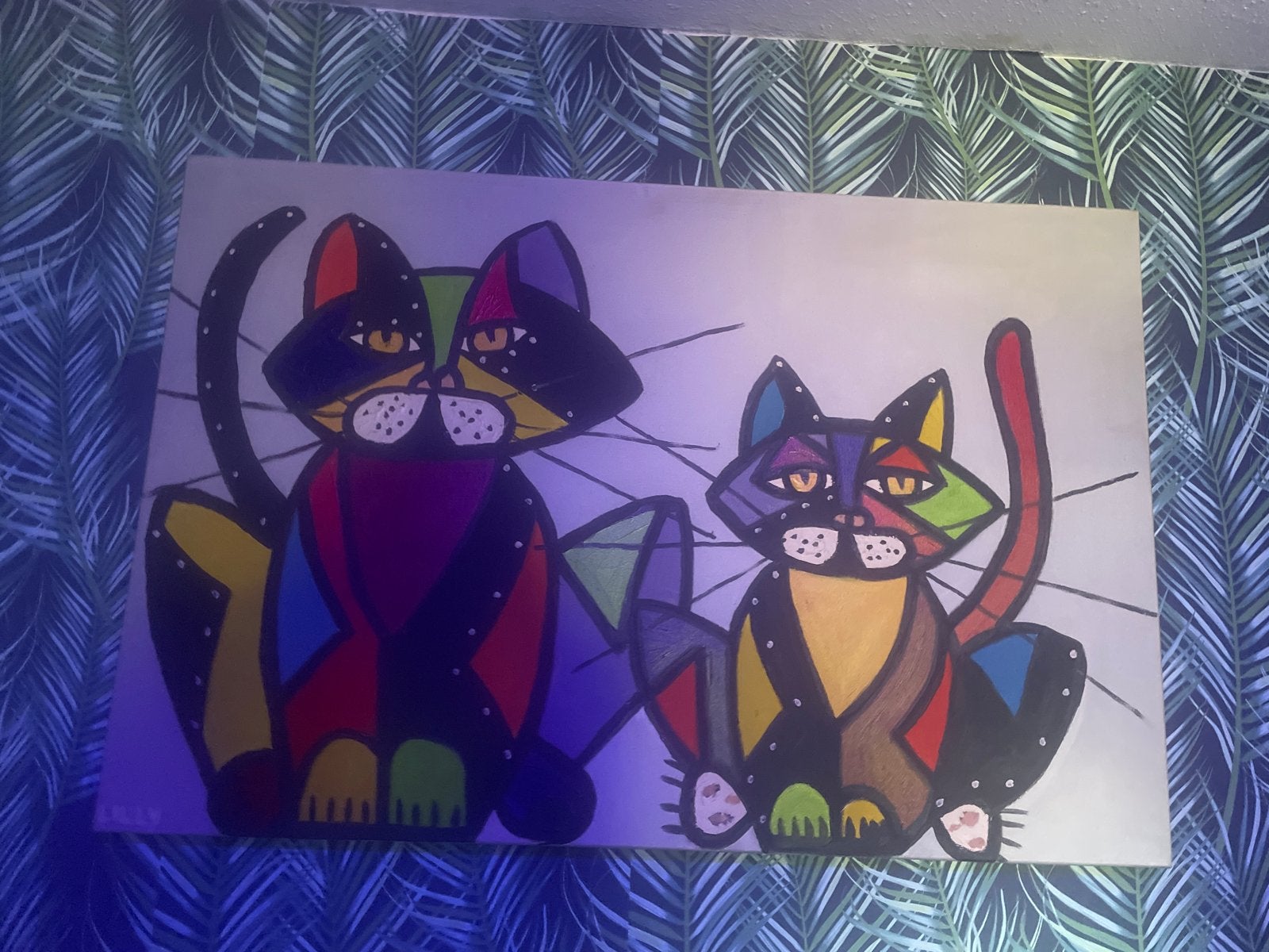 Kleurrijk schilderij van twee katten, gesigneerd Lilly, Ophalen of Verzenden, Gesigneerd, Dieren
