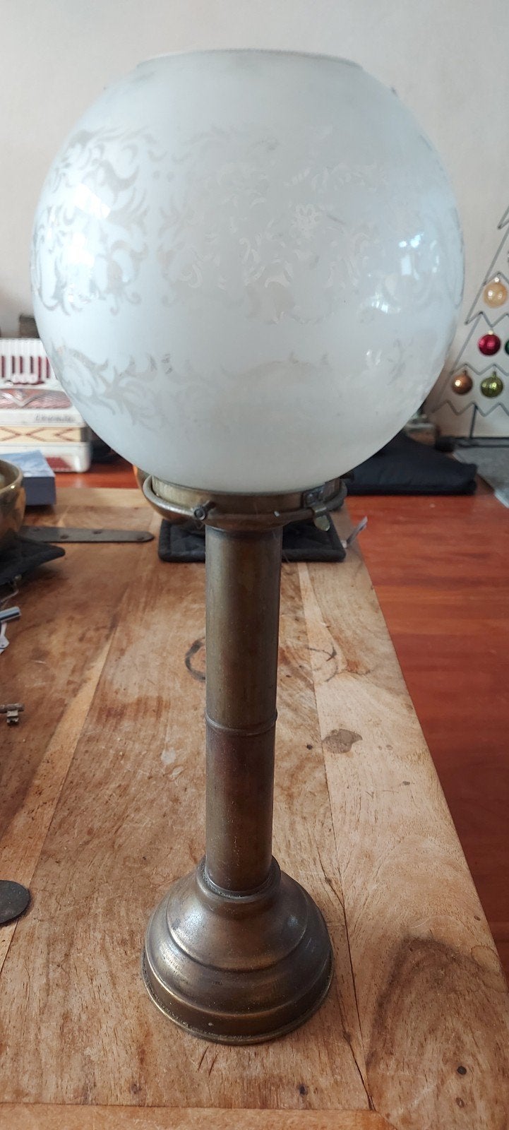 Vintage messing scheepslamp met opaline kap - 40 cm hoog, Ophalen