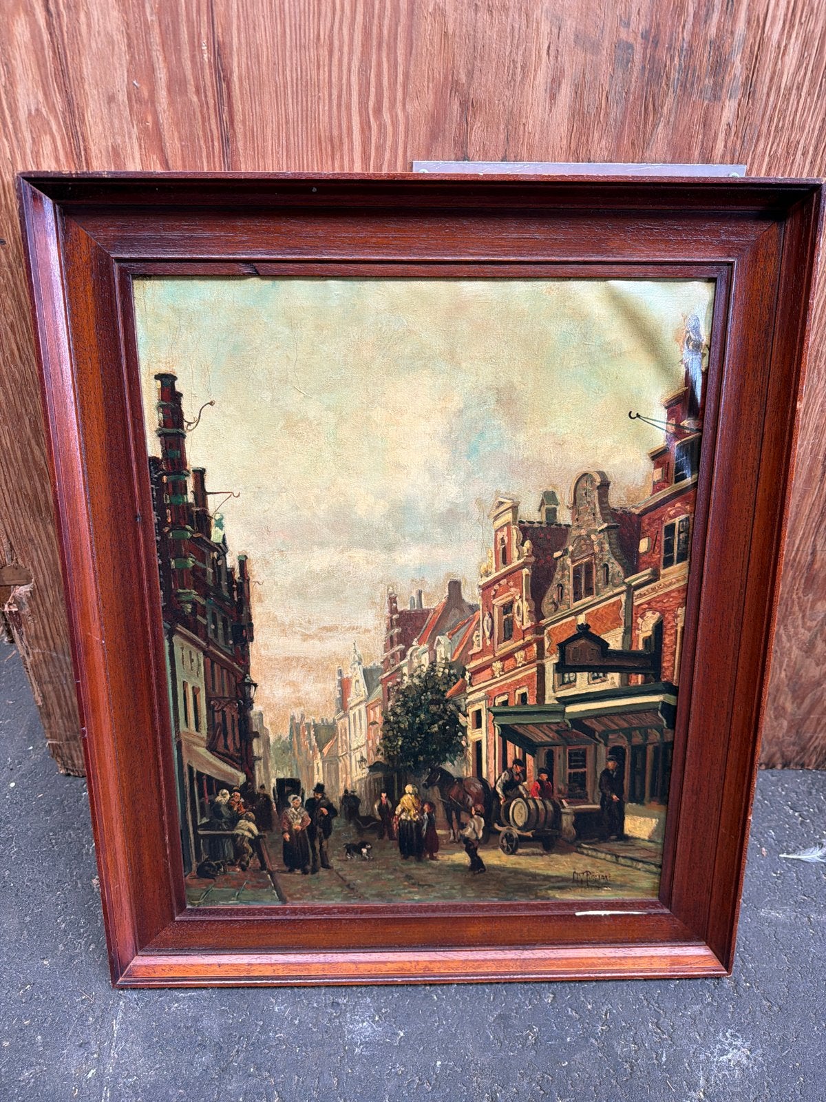 Olieverfschilderij: Levendig Stadsgezicht met Figuren, Ophalen, Doek, Realistisch, Olieverf