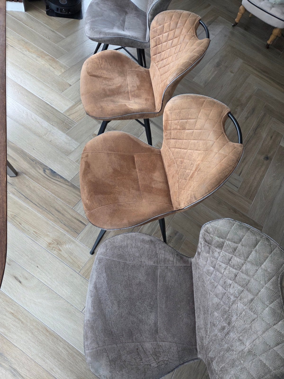 4 Microleder eetkamerstoelen - Bruin & Grijs met handvat, Ophalen
