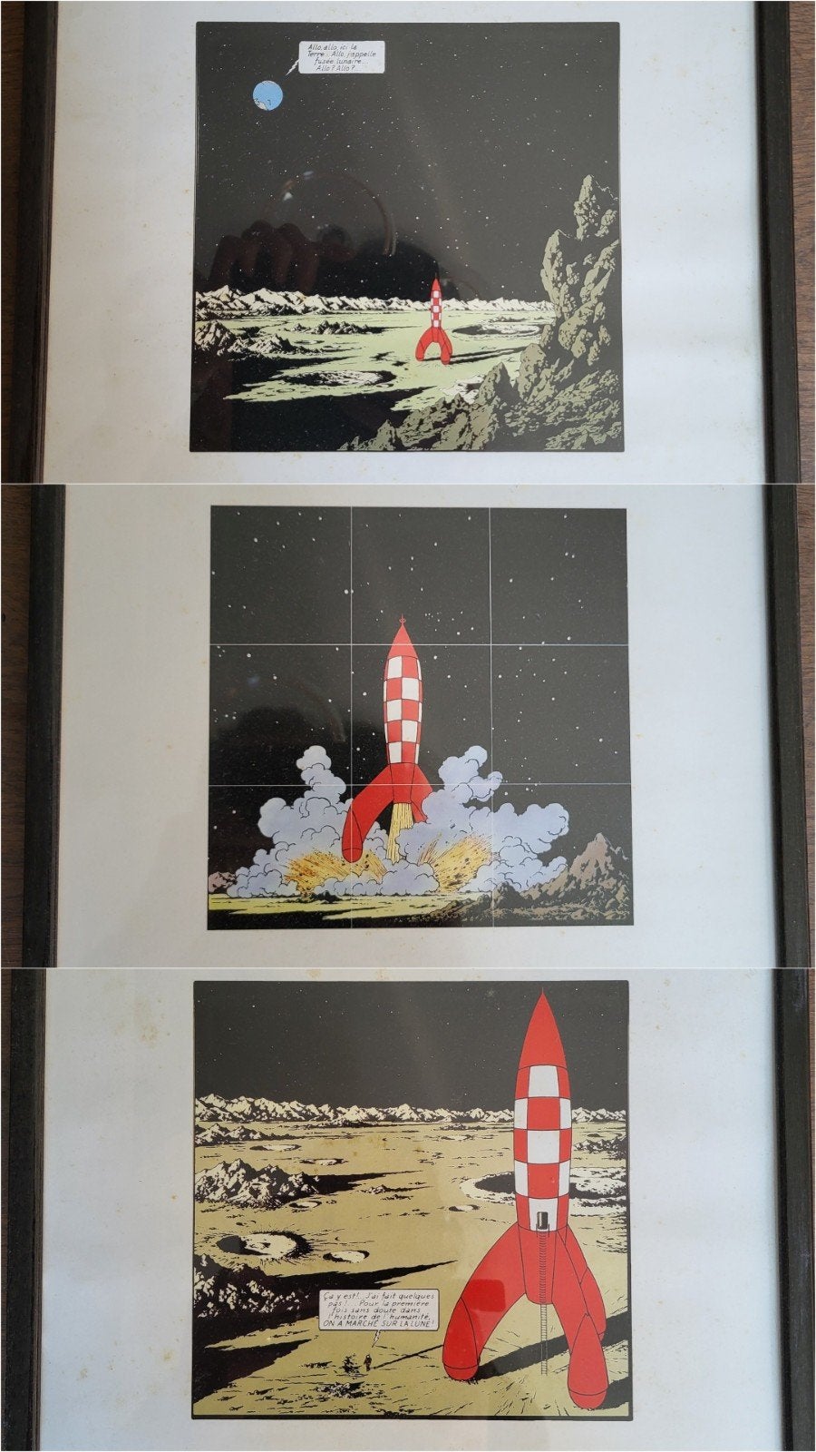 Ingelijste Kuifje prenten drieluik raket naar de maan, Ophalen of Verzenden, Kuifje, Zo goed als nieuw, Plaatje, Poster of Sticker