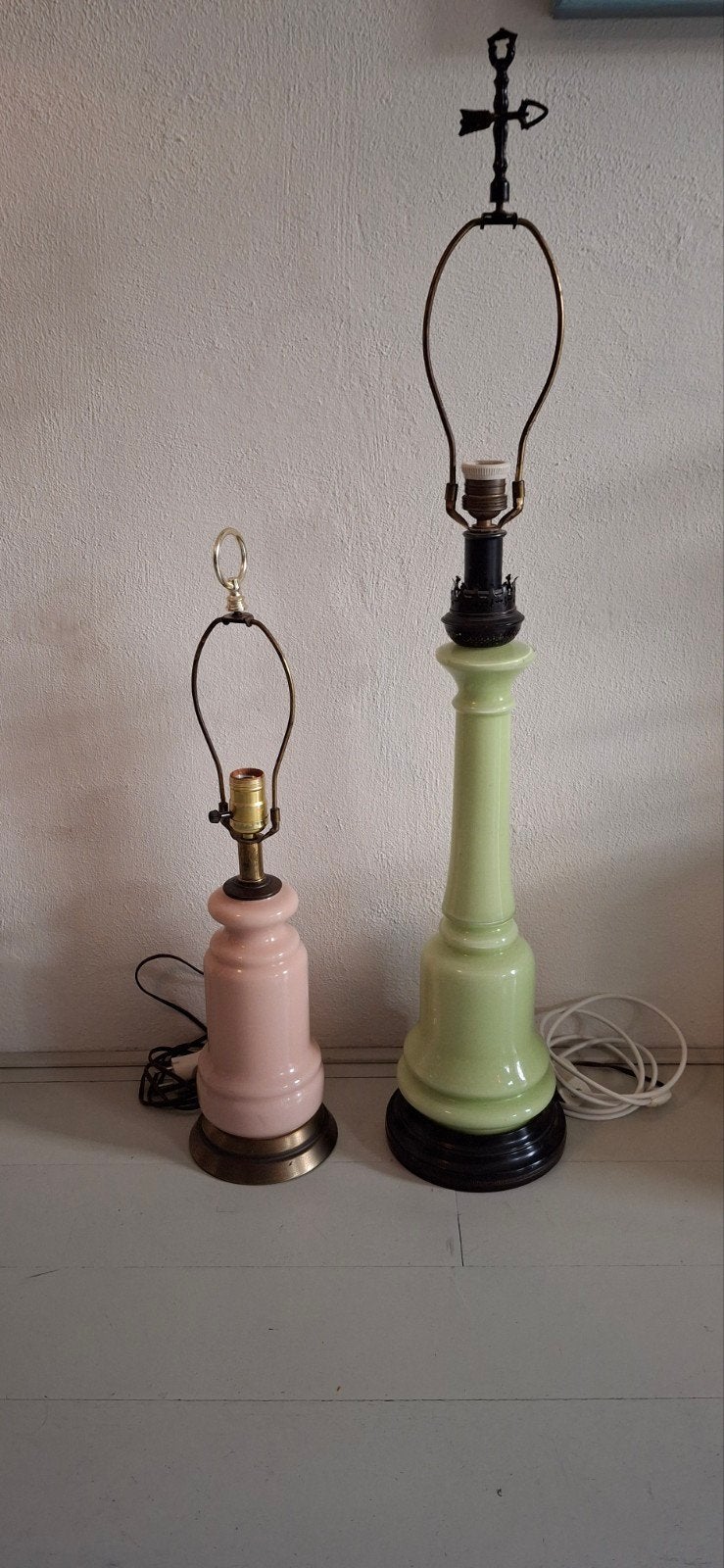 2 glazen lampen roze en groen incl.kappen, Groen, Ophalen, Gebruikt